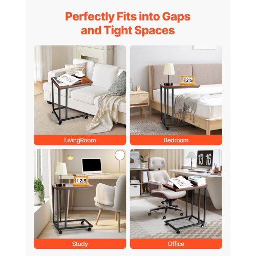 C-bord, C-format soffbord med metallram och hjul, bärbart C-format ändstativ för vardagsrum, sovrum, kontor, 19,69 x 13,78 x 23,82 tum laptop-sidobord, brunt och svart |  EU