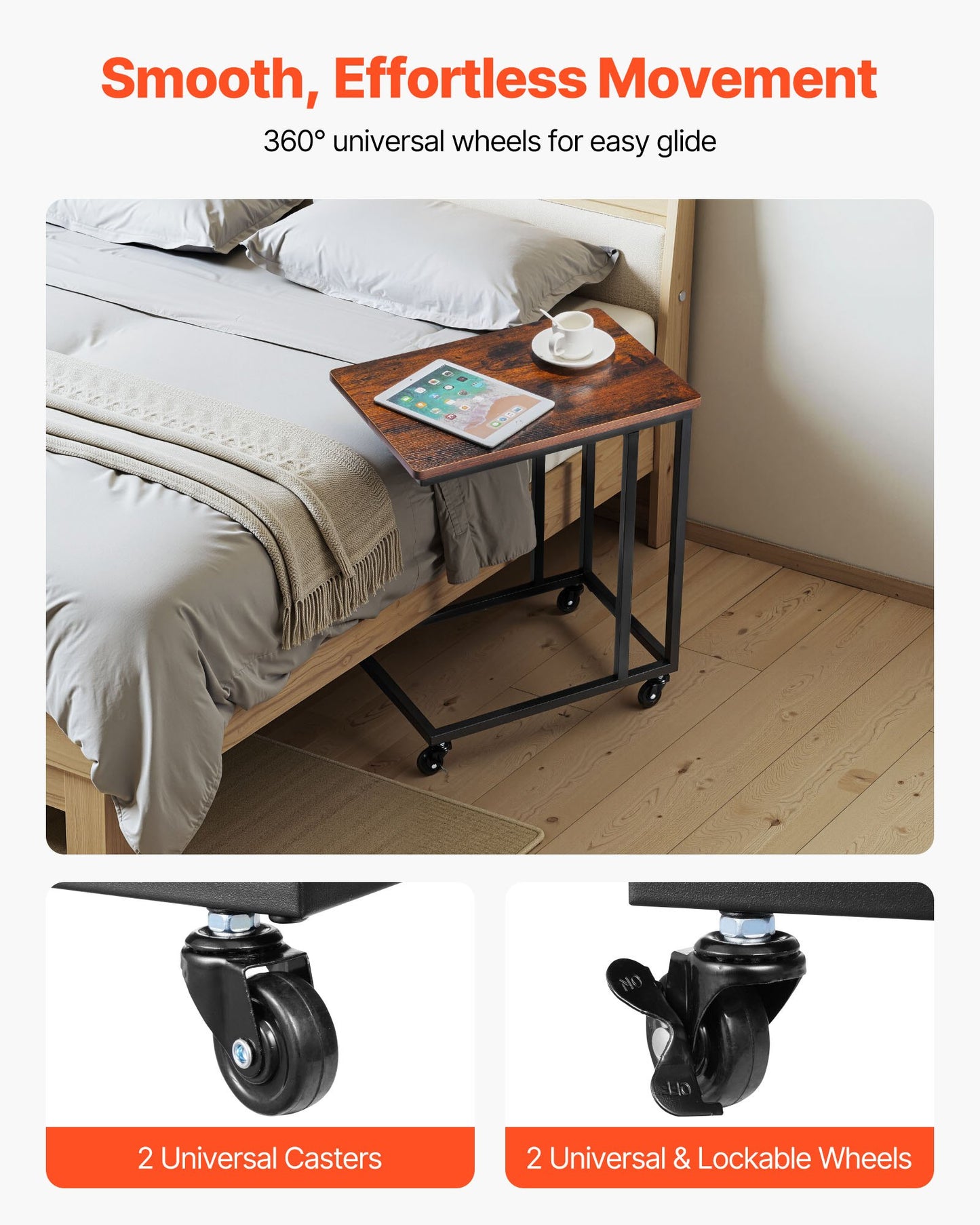 C Table, C Shaped Sofa Side Table with Metal Frame Rolling Casters, Portable C Shaped End Stand for Living Room Bedroom Office, 19.69 x 13.78 x 23.82 inches Laptop Side Tables, Brown and Black