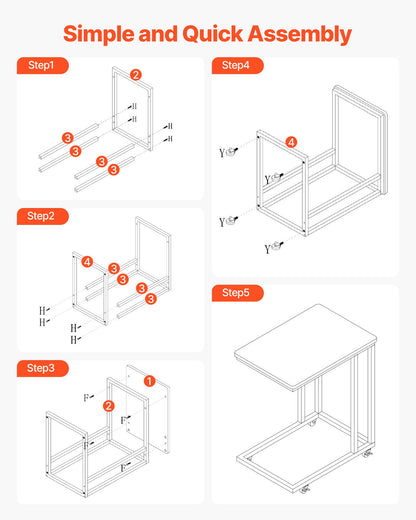 C Table, C Shaped Sofa Side Table with Metal Frame Rolling Casters, Portable C Shaped End Stand for Living Room Bedroom Office, 19.69 x 13.78 x 23.82 inches Laptop Side Tables, Brown and Black
