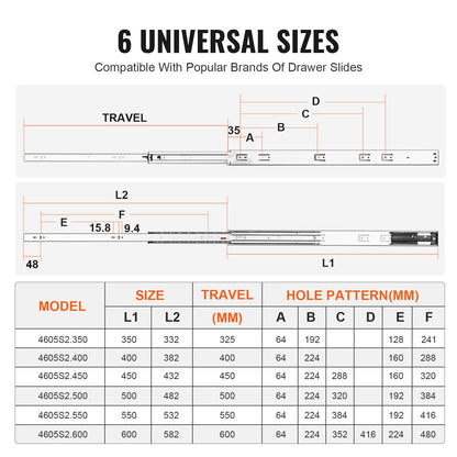 6 par 609,6 mm lådslider Sidomonterade skenor, Heavy Duty Full Extension stålskena, Soft-Close Ljudlösa guideglider Skåp Kökslöpare med kullager, 100 pund lastkapacitet