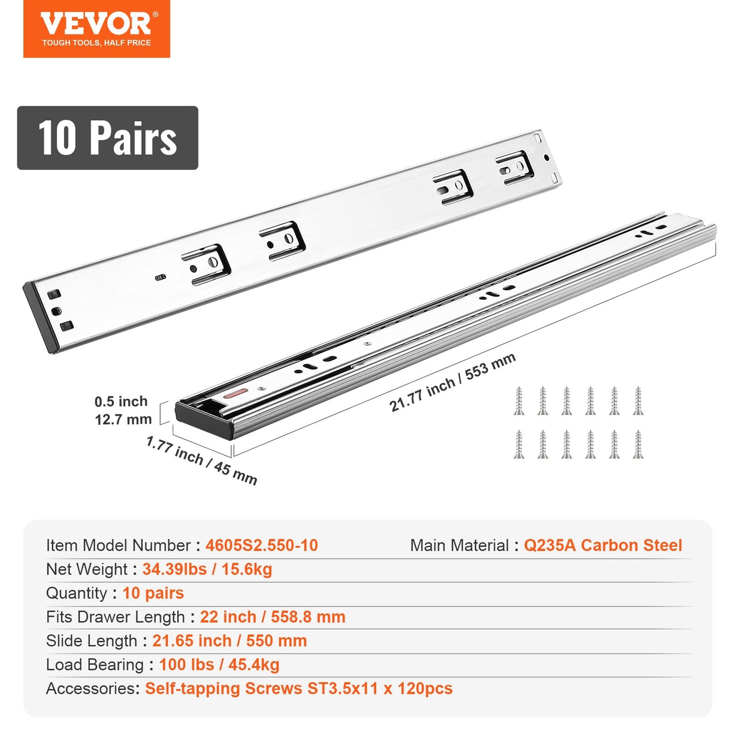 10 Pairs 558.8mm Drawer Slides Side Mounted Tracks, Heavy Duty Full Extension Steel Track, Soft-Close Silent Guide Slides Cabinet Kitchen Runners with Ball Bearings, 100 Pounds Load Capacity