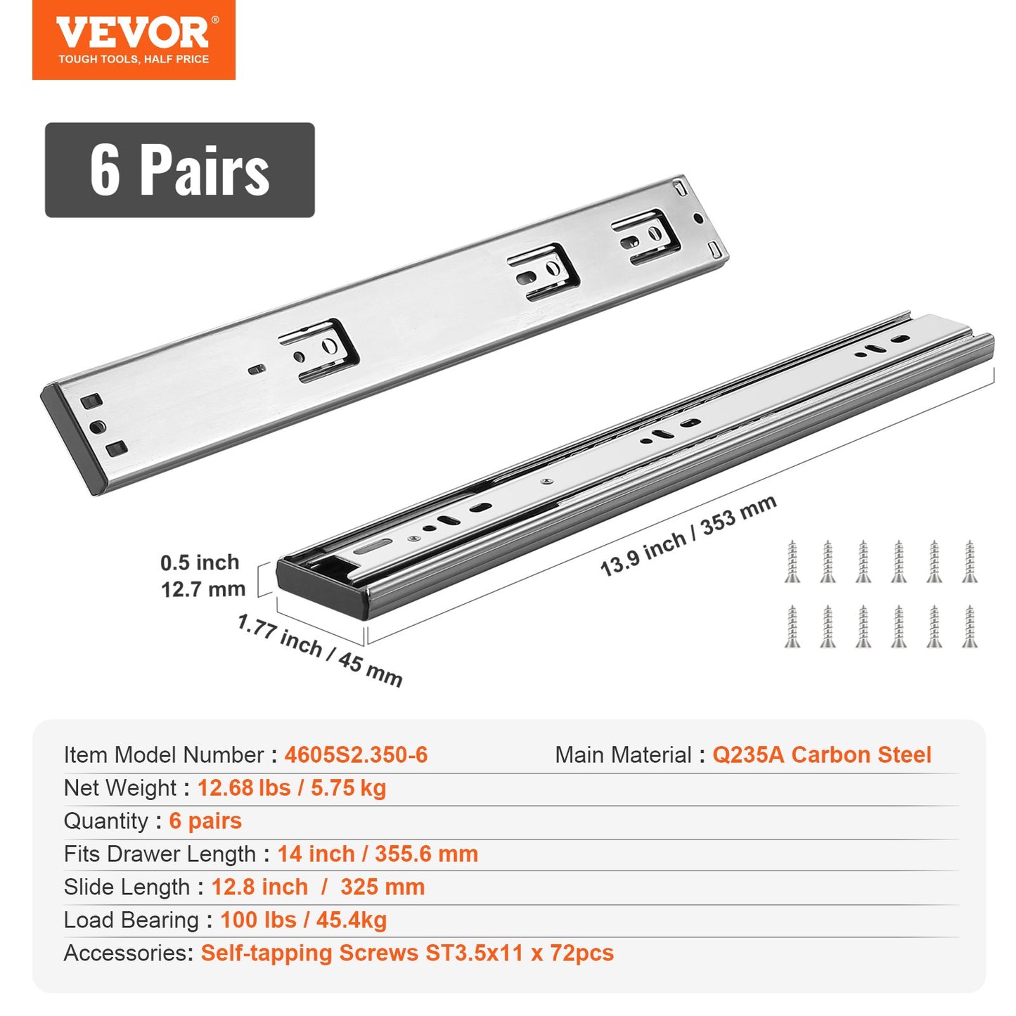 6 Pairs 355.6mm Drawer Slides Side Mounted Tracks, Heavy Duty Full Extension Steel Track, Soft-Close Silent Guide Slides Cabinet Kitchen Runners with Ball Bearings, 100 Pounds Load Capacity