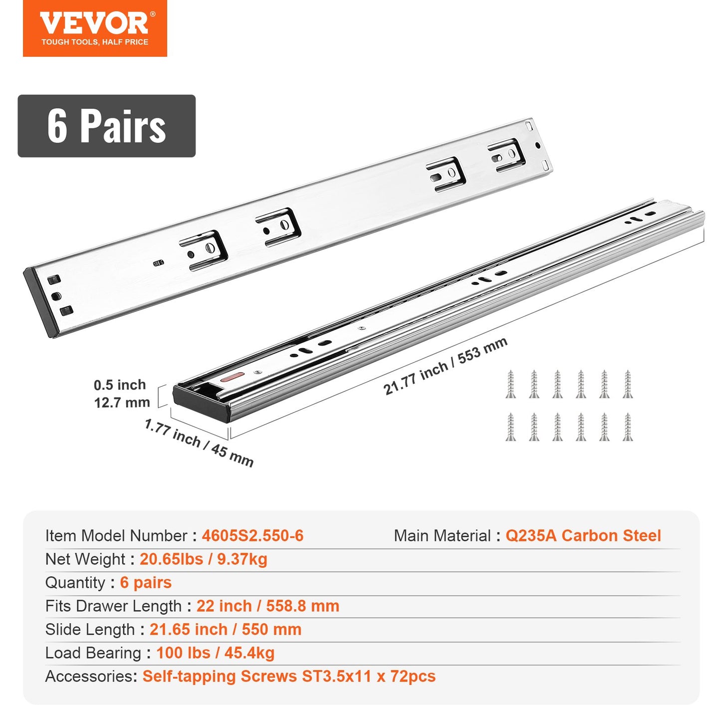 6 Pairs 558.8mm Drawer Slides Side Mounted Tracks, Heavy Duty Full Extension Steel Track, Soft Closing Silent Guide Slides Cabinet Kitchen Runners with Ball Bearings, 100 Pounds Load Capacity