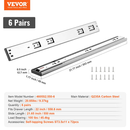 6 Pairs 558.8mm Drawer Slides Side Mounted Tracks, Heavy Duty Full Extension Steel Track, Soft Closing Silent Guide Slides Cabinet Kitchen Runners with Ball Bearings, 100 Pounds Load Capacity