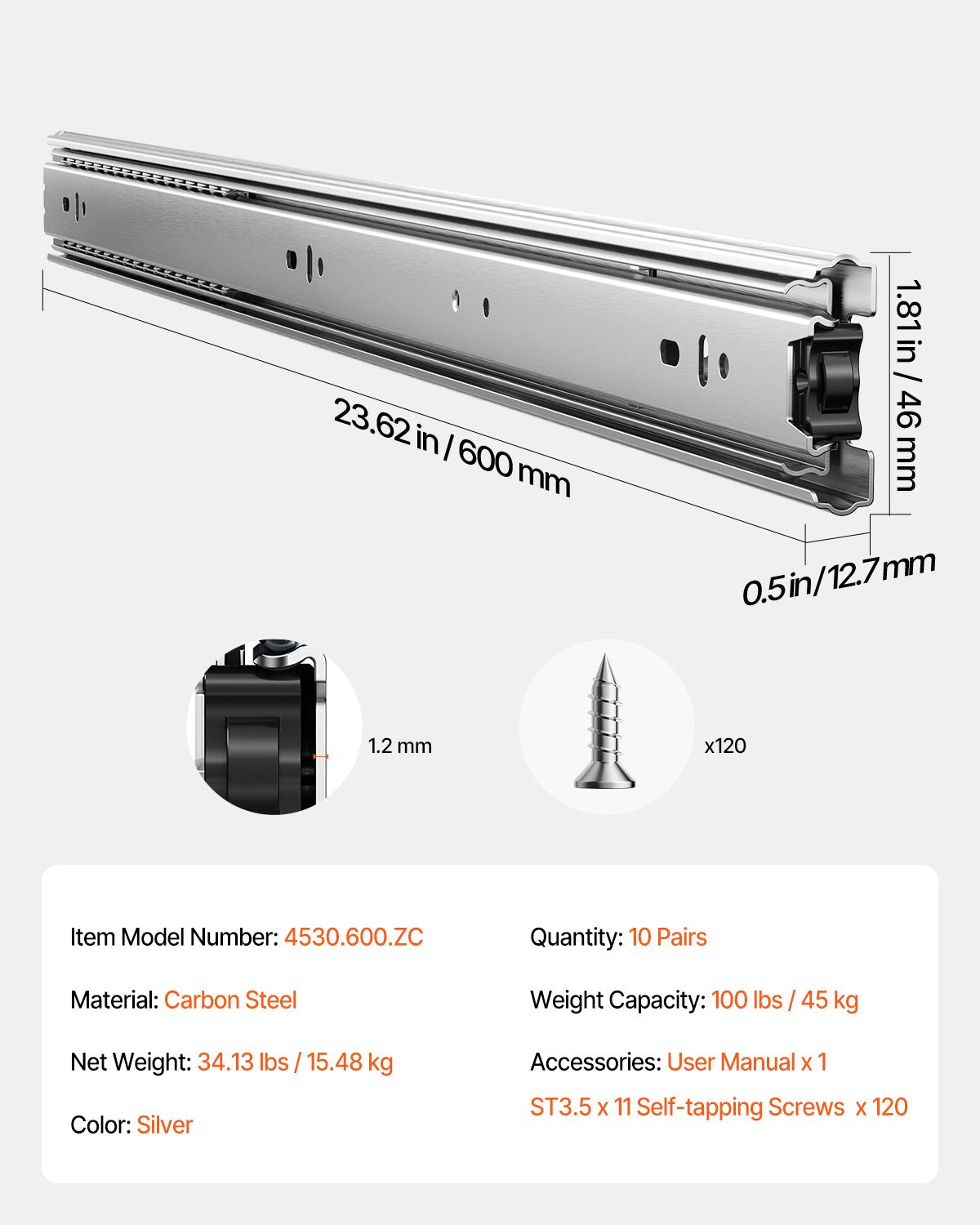 Schubladenschrank, seitliche Schiebemontage, 61 cm, 10 Paar, 100 LB Lastwechsel