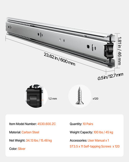 Schubladenschrank, seitliche Schiebemontage, 61 cm, 10 Paar, 100 LB Lastwechsel