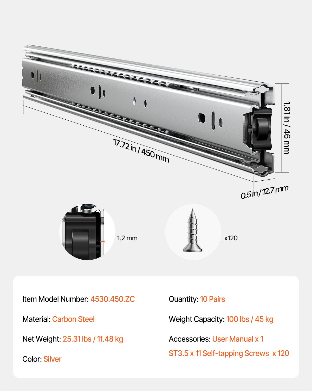 Lådskåp skjutbara sidofäste 18 tum 10 par 100 LB lastbyte