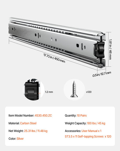Lådskåp skjutbara sidofäste 18 tum 10 par 100 LB lastbyte