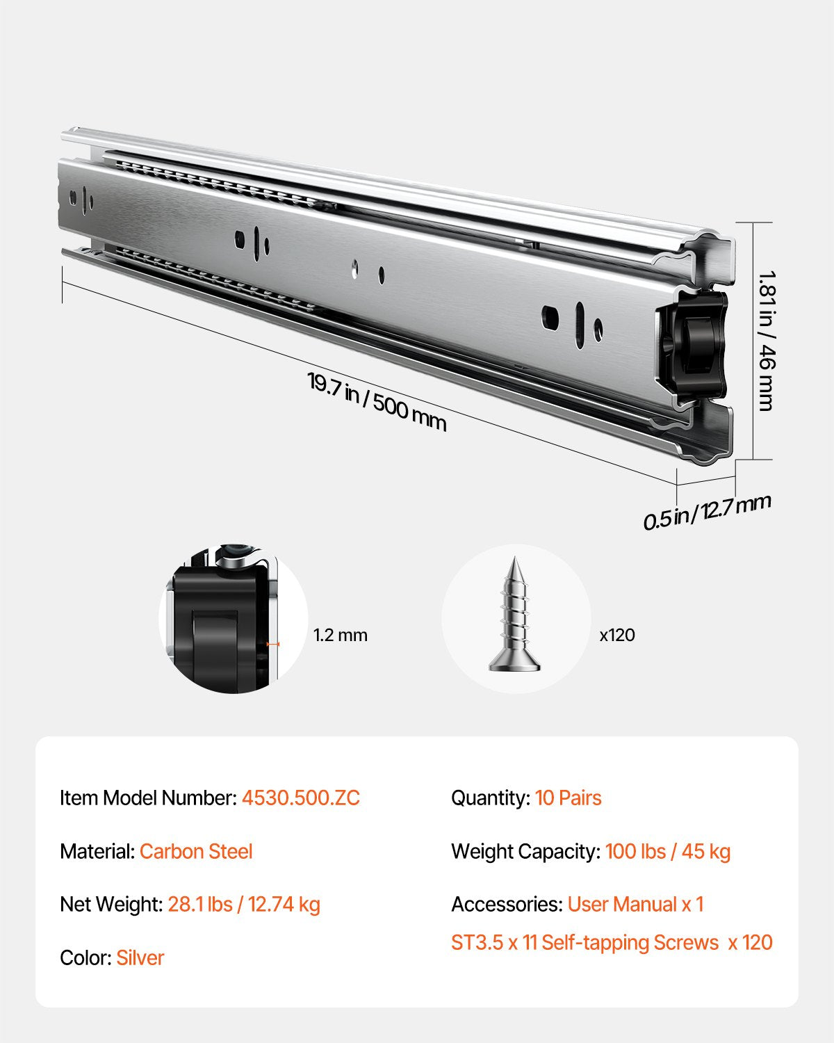Lådskåp skjutbara sidofäste 20 tum 10 par 100 LB lastbyte