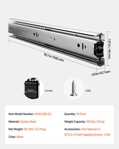 Lådskåp skjutbara sidofäste 20 tum 10 par 100 LB lastbyte