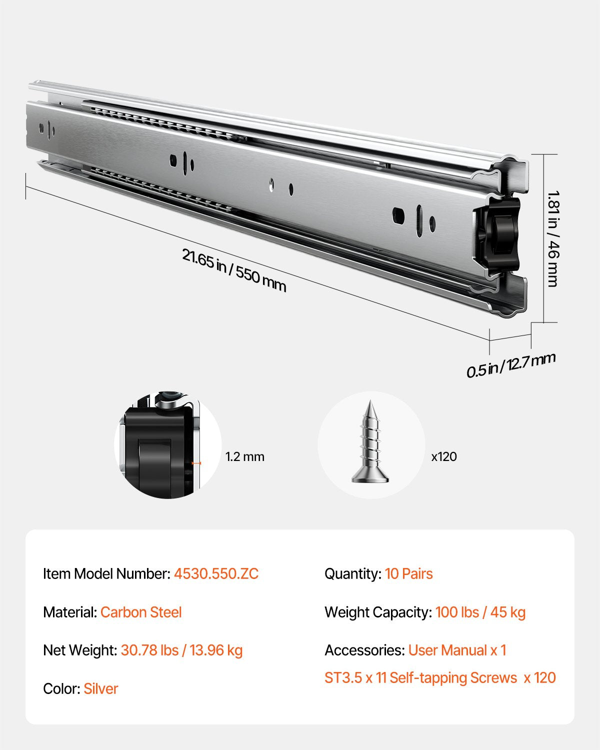 Lådskåp skjutbara sidofäste 22 tum 10 par 100 LB lastbyte