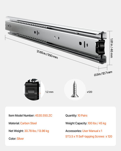 Lådskåp skjutbara sidofäste 22 tum 10 par 100 LB lastbyte