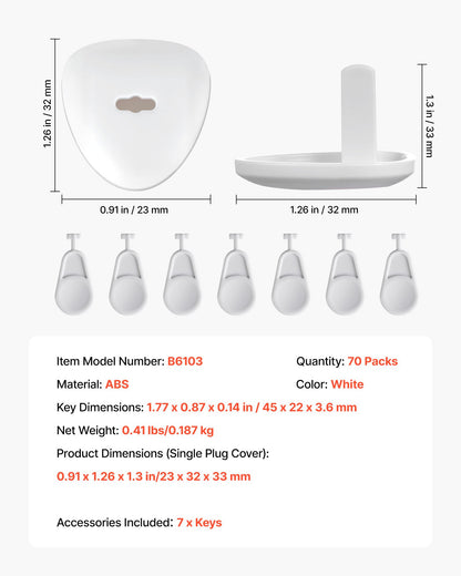 Outlet Covers, 70 Pack, Plug Covers for Electrical Outlets, Secure Electric Socket Protector Caps with Shock Prevention, Easy Installation, Insulated ABS, for Home Wall Power Sockets, White