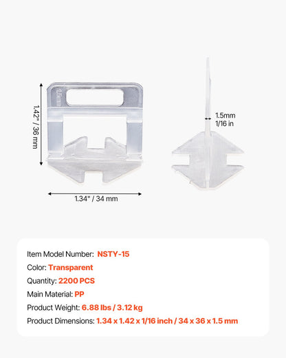 Tile Leveling System Clips, 2200-Piece DIY Tile Leveler Spacers, 1/16"(1.5 mm) Tile Leveler Clips, Tile Leveling System Tile Installation Tools for Professional Ceramic Tile, Stone Installation