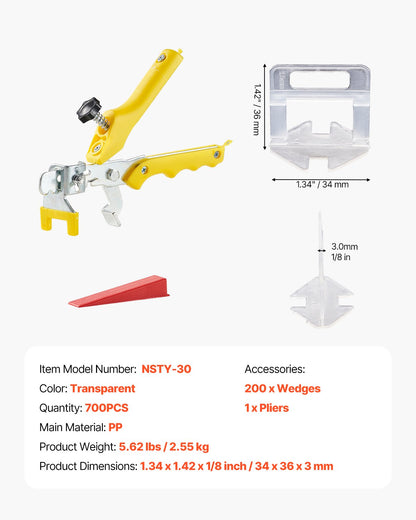 Tile Leveling System, 1/8 Inch(3 mm) with 1pc Tile Plier, 700 PCS DIY Tile Leveler Spacers Clips and 200 PCS Reusable Wedges, Tile Tools Set for Professional Ceramic Tile and Stone Installation