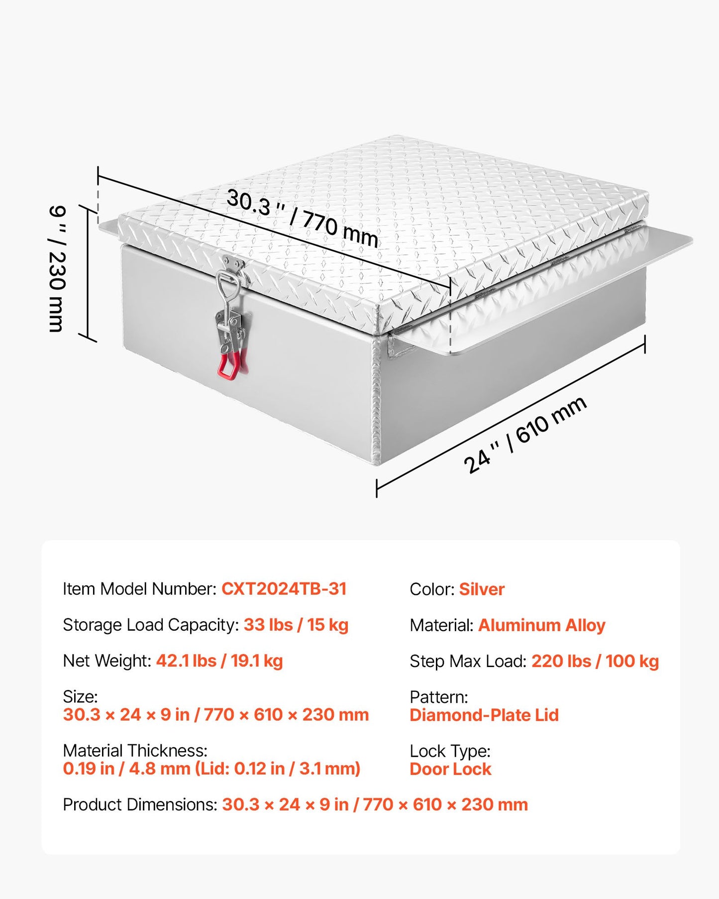 Truck Bed Tool Box, Heavy Duty Aluminum Tool Box with Diamond Plate, Storage Toolbox Chest Organizer Supports up to 220 lbs, Ideal for Pickup, Truck Bed, RV, Trailer, 30.3 x 24 x 9 in, Silver