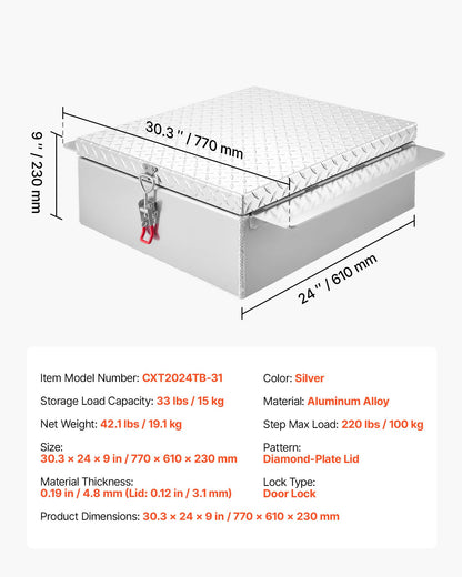Truck Bed Tool Box, Heavy Duty Aluminum Tool Box with Diamond Plate, Storage Toolbox Chest Organizer Supports up to 220 lbs, Ideal for Pickup, Truck Bed, RV, Trailer, 30.3 x 24 x 9 in, Silver