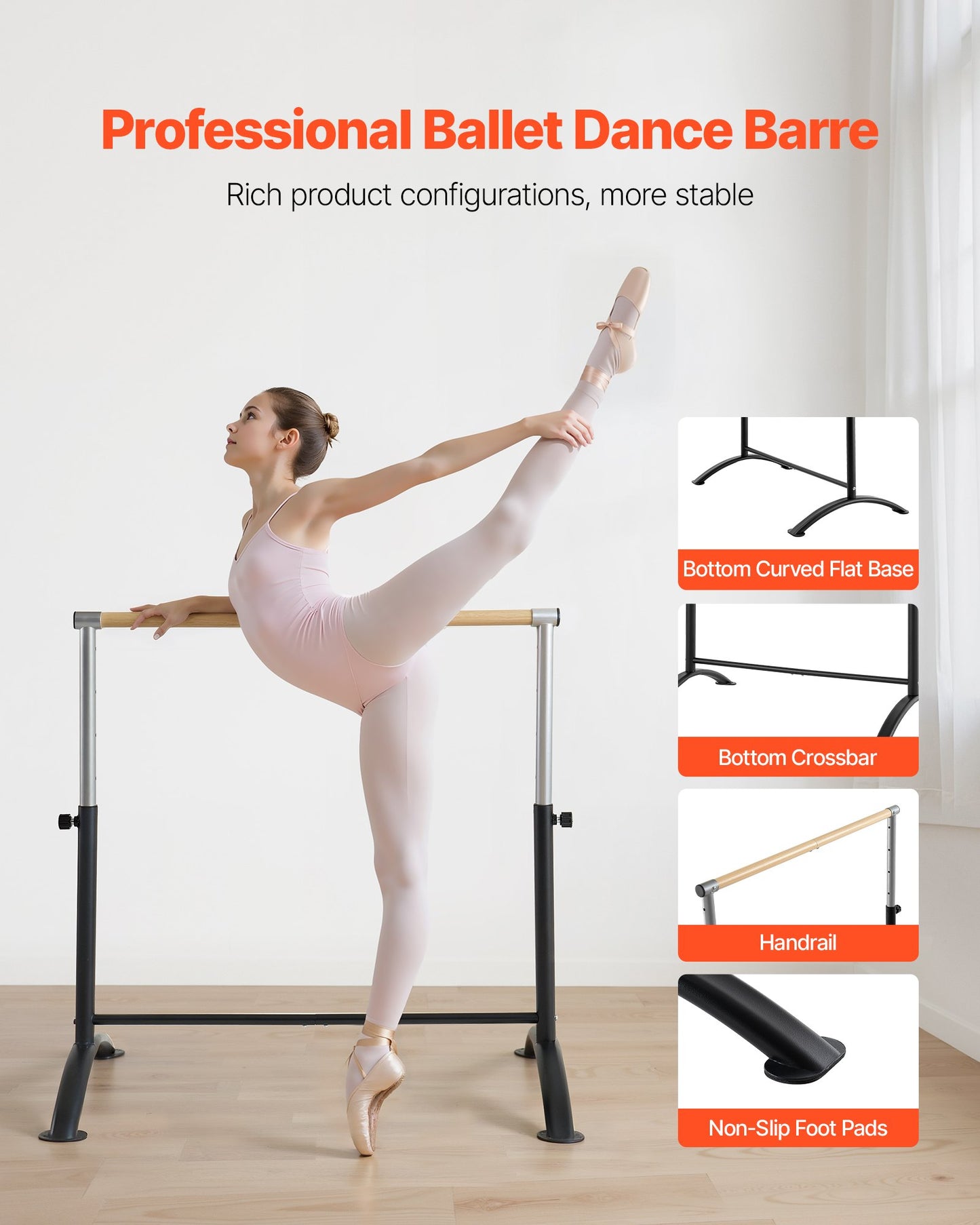Ballet Barre, 4 Ft Barre Bar for Home, Freestanding Portable Ballet Stretching Dance Bars, Height Adjustable Anti-Wobble Fitness Gym Studio Equipment, for Pilates Balance Workout