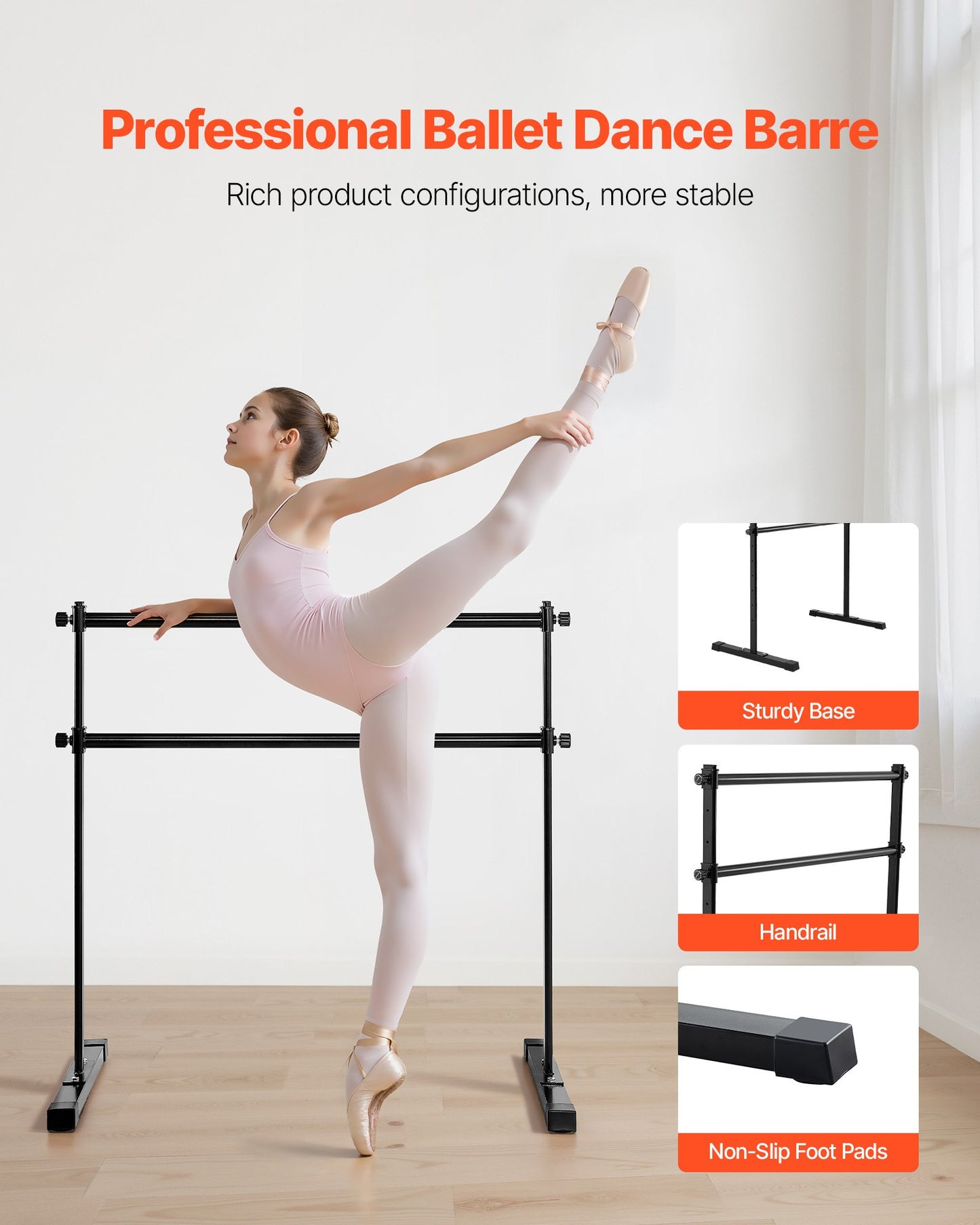 Ballet Barre, 4 Ft Double Barre Bar for Home, Freestanding Portable Ballet Stretching Dance Bars, Height Adjustable Anti-Wobble Fitness Studio Equipment, for Pilates Balance Workout
