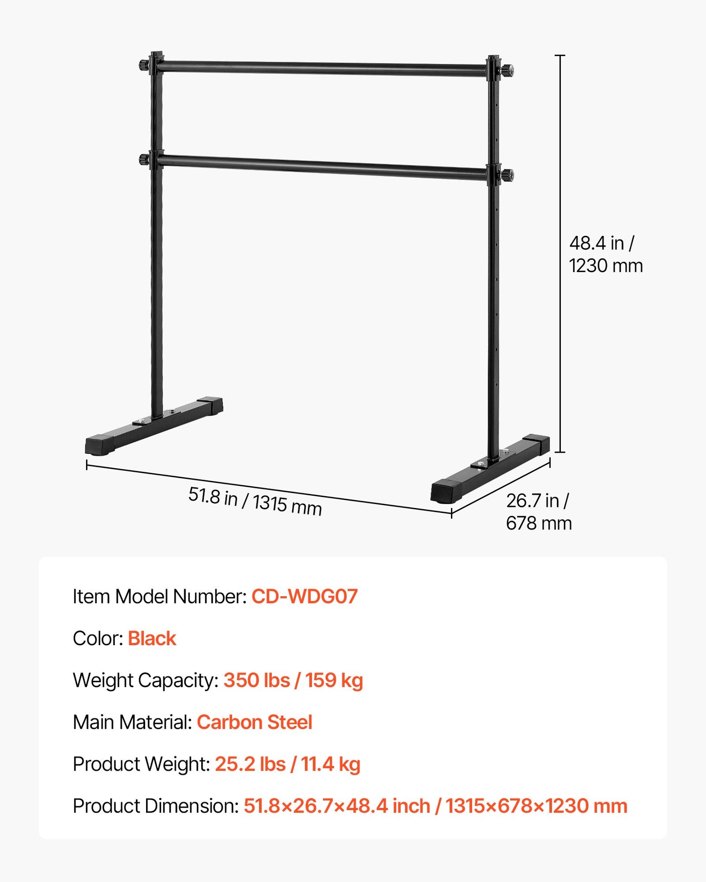 Ballet Barre, 4 Ft Double Barre Bar for Home, Freestanding Portable Ballet Stretching Dance Bars, Height Adjustable Anti-Wobble Fitness Studio Equipment, for Pilates Balance Workout