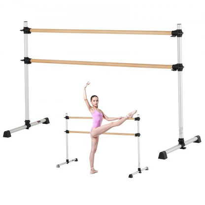 Ballet Barre, 6 Ft Double Beechwood Barre Bar for Home, Freestanding Portable Ballet Stretching Dance Bars, Height Adjustable Anti-Wobble Fitness Gym Equipment, for Pilates Balance Workout