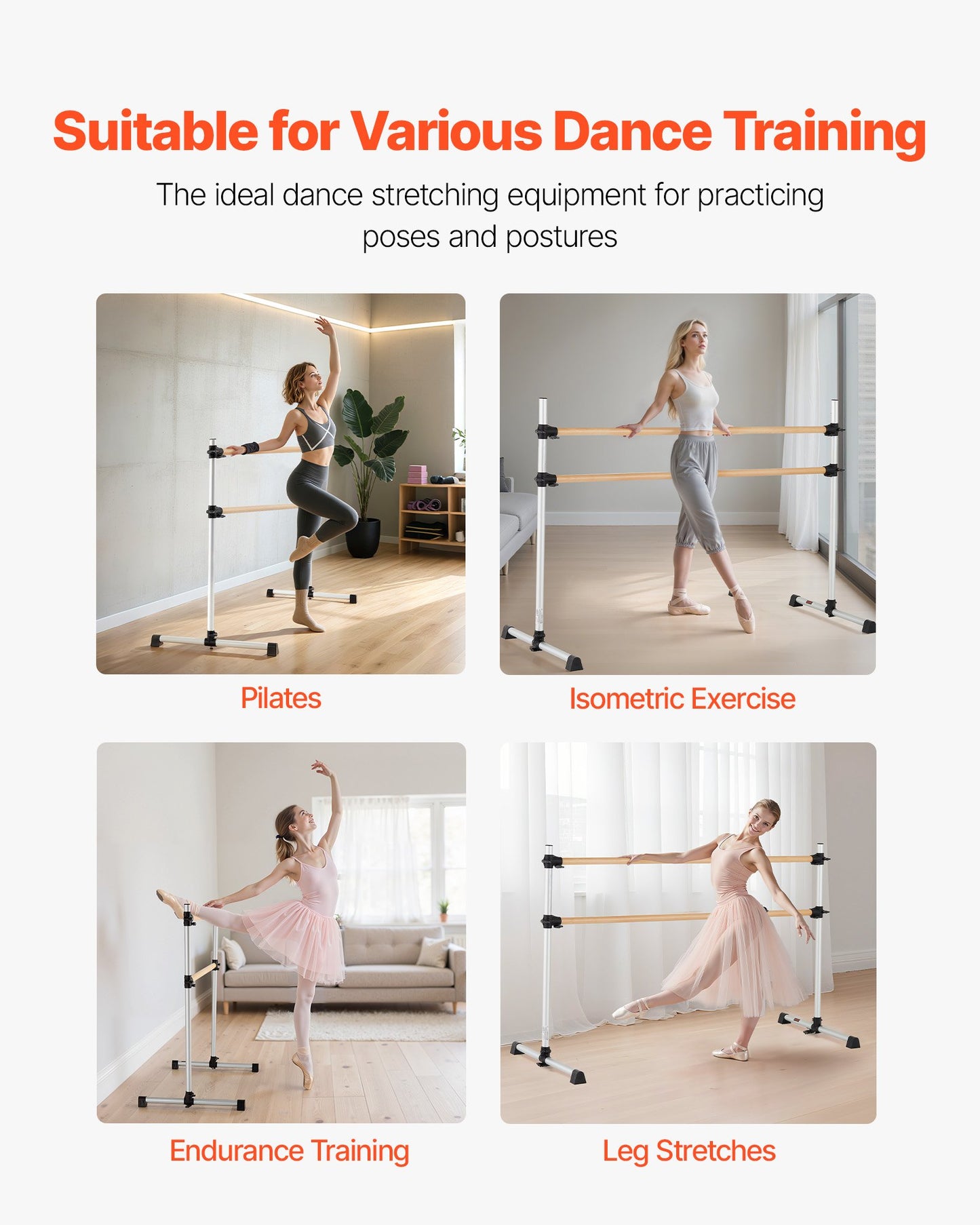 Ballet Barre, 6 Ft Double Beechwood Barre Bar for Home, Freestanding Portable Ballet Stretching Dance Bars, Height Adjustable Anti-Wobble Fitness Gym Equipment, for Pilates Balance Workout