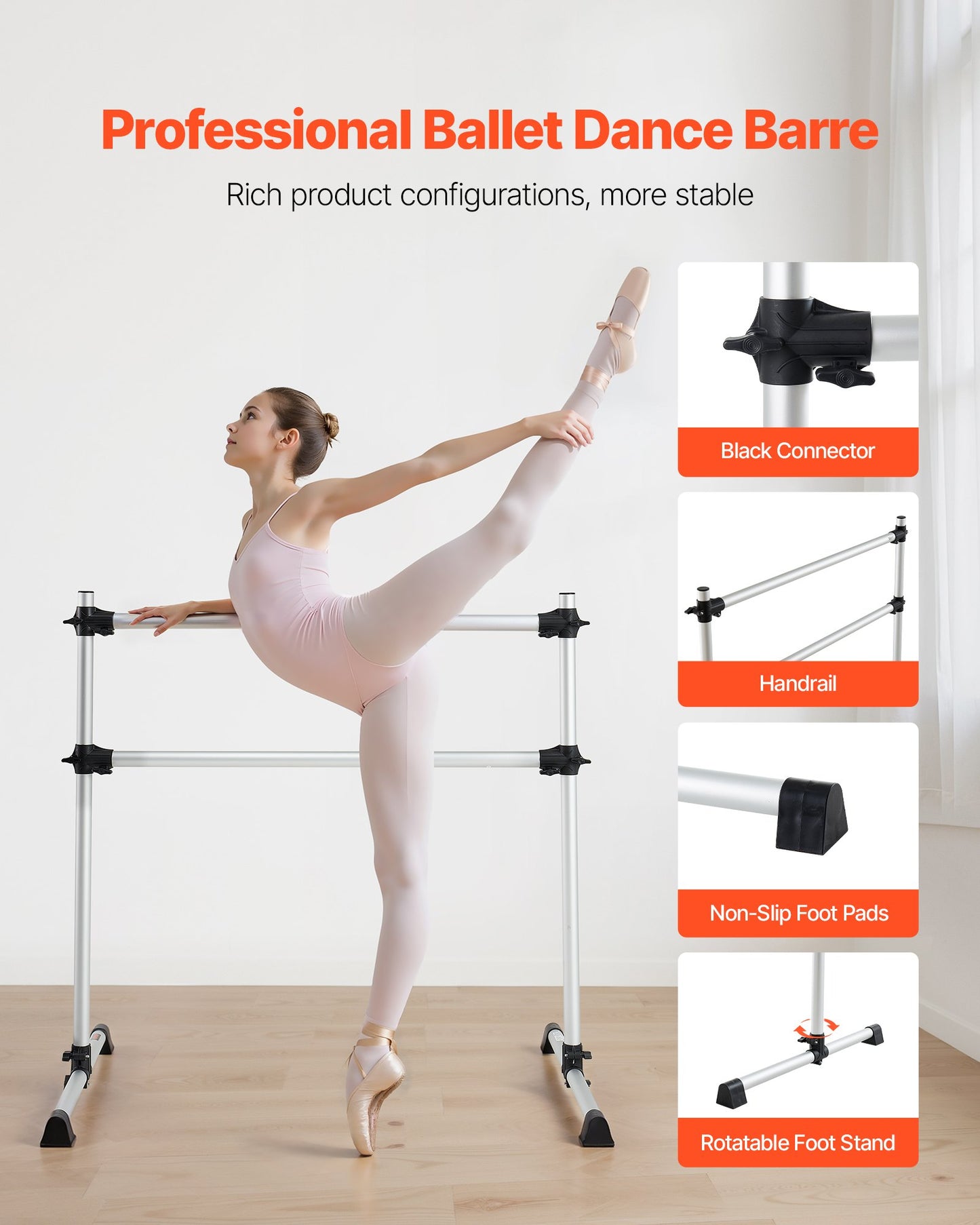 Ballet Barre, 4 Ft Aluminum Double Barre Bar for Home, Freestanding Portable Ballet Stretching Dance Bars, Height Adjustable Anti-Wobble Fitness Studio Equipment, for Pilates Balance Workout