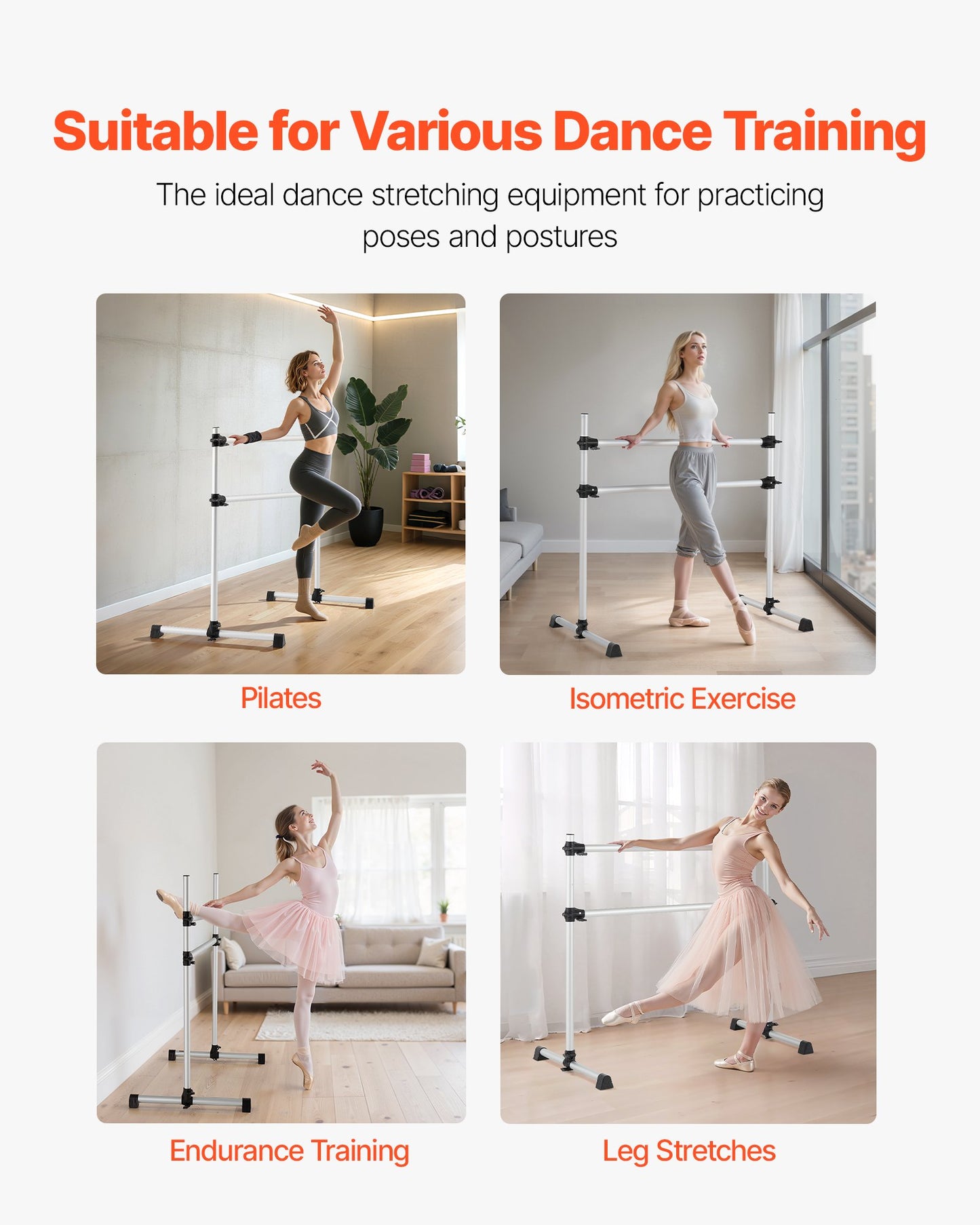 Ballet Barre, 4 Ft Aluminum Double Barre Bar for Home, Freestanding Portable Ballet Stretching Dance Bars, Height Adjustable Anti-Wobble Fitness Studio Equipment, for Pilates Balance Workout