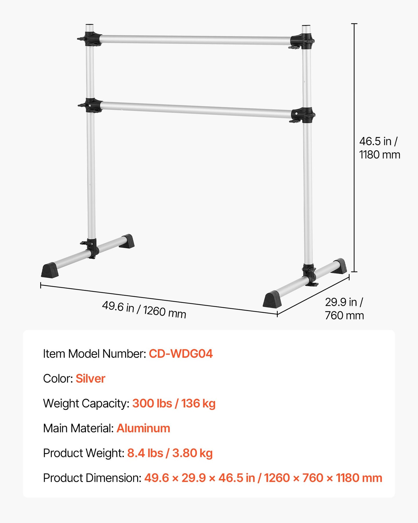 Ballet Barre, 4 Ft Aluminum Double Barre Bar for Home, Freestanding Portable Ballet Stretching Dance Bars, Height Adjustable Anti-Wobble Fitness Studio Equipment, for Pilates Balance Workout