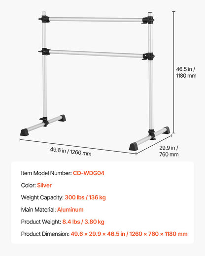 Ballet Barre, 4 Ft Aluminum Double Barre Bar for Home, Freestanding Portable Ballet Stretching Dance Bars, Height Adjustable Anti-Wobble Fitness Studio Equipment, for Pilates Balance Workout