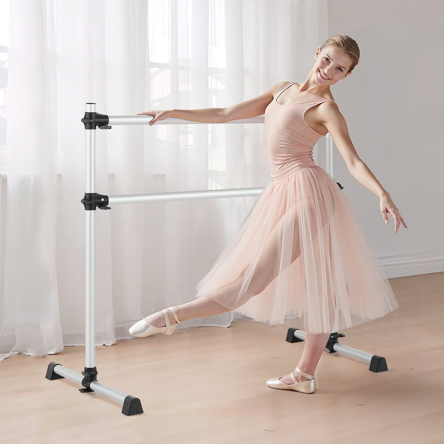 Ballet Barre, 4 Ft Aluminum Double Barre Bar for Home, Freestanding Portable Ballet Stretching Dance Bars, Height Adjustable Anti-Wobble Fitness Studio Equipment, for Pilates Balance Workout