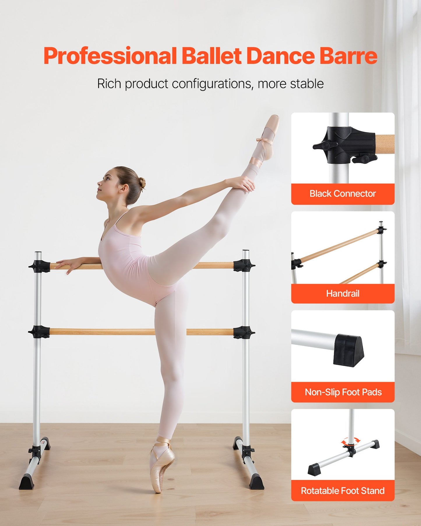 Ballet Barre, 4 Ft Double Beechwood Barre Bar for Home, Freestanding Portable Ballet Stretching Dance Bars, Height Adjustable Anti-Wobble Fitness Gym Equipment, for Pilates Balance Workout