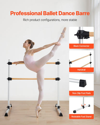 Ballet Barre, 4 Ft Double Beechwood Barre Bar for Home, Freestanding Portable Ballet Stretching Dance Bars, Height Adjustable Anti-Wobble Fitness Gym Equipment, for Pilates Balance Workout