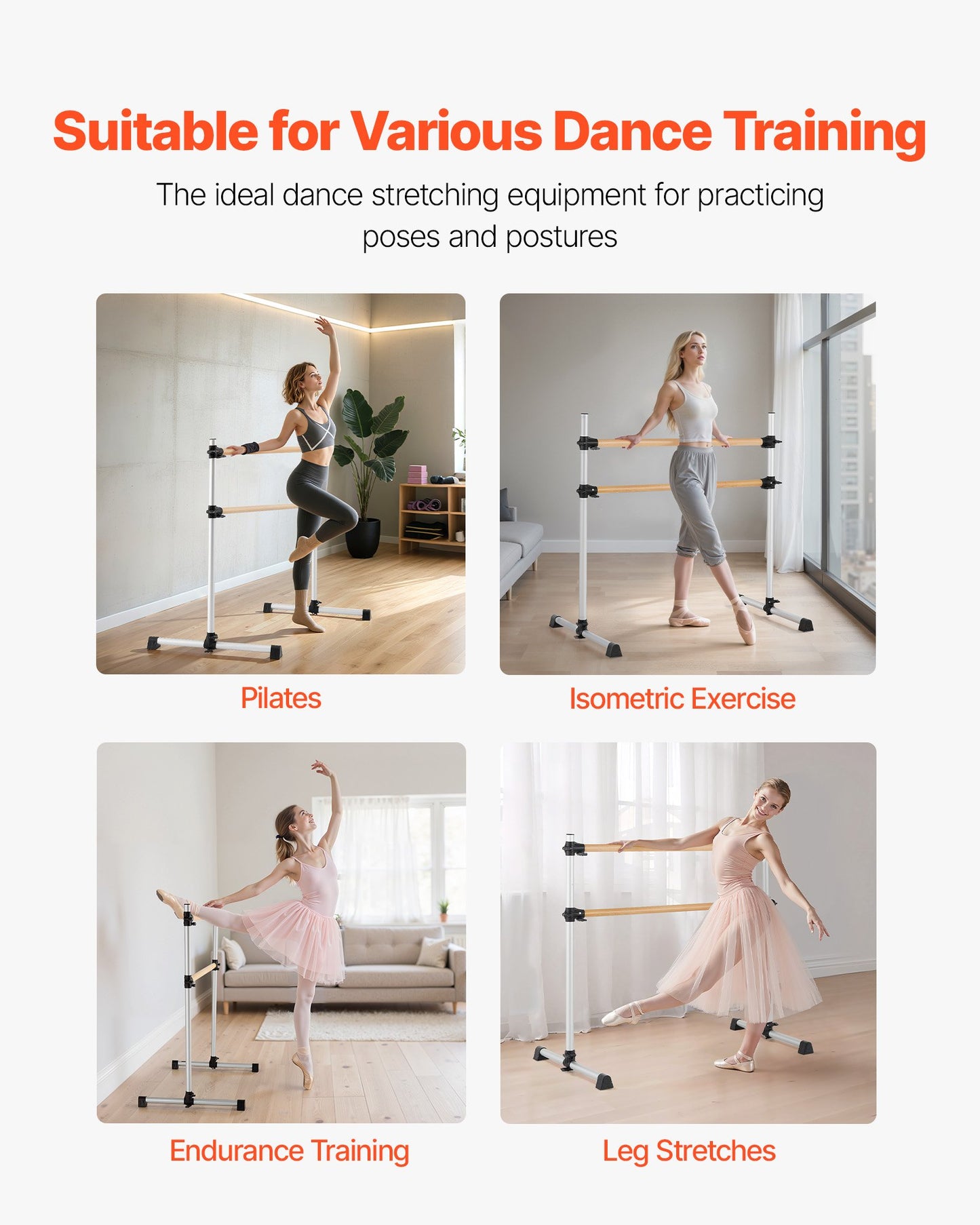 Ballet Barre, 4 Ft Double Beechwood Barre Bar for Home, Freestanding Portable Ballet Stretching Dance Bars, Height Adjustable Anti-Wobble Fitness Gym Equipment, for Pilates Balance Workout