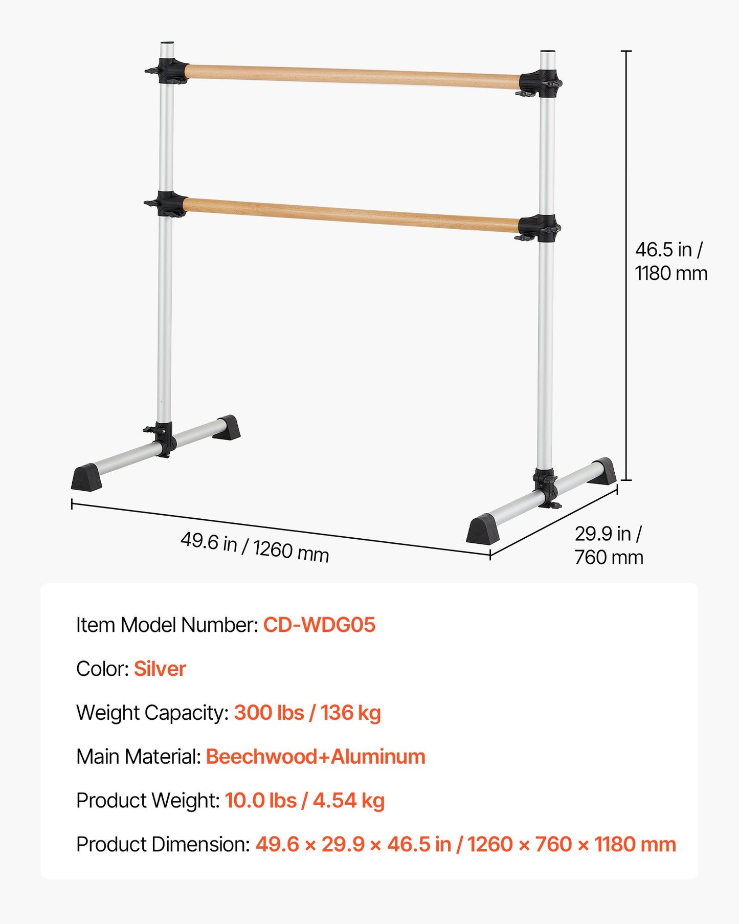Ballet Barre, 4 Ft Double Beechwood Barre Bar for Home, Freestanding Portable Ballet Stretching Dance Bars, Height Adjustable Anti-Wobble Fitness Gym Equipment, for Pilates Balance Workout