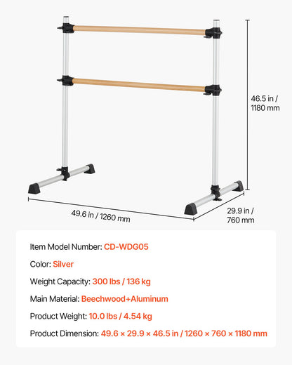 Ballet Barre, 4 Ft Double Beechwood Barre Bar for Home, Freestanding Portable Ballet Stretching Dance Bars, Height Adjustable Anti-Wobble Fitness Gym Equipment, for Pilates Balance Workout