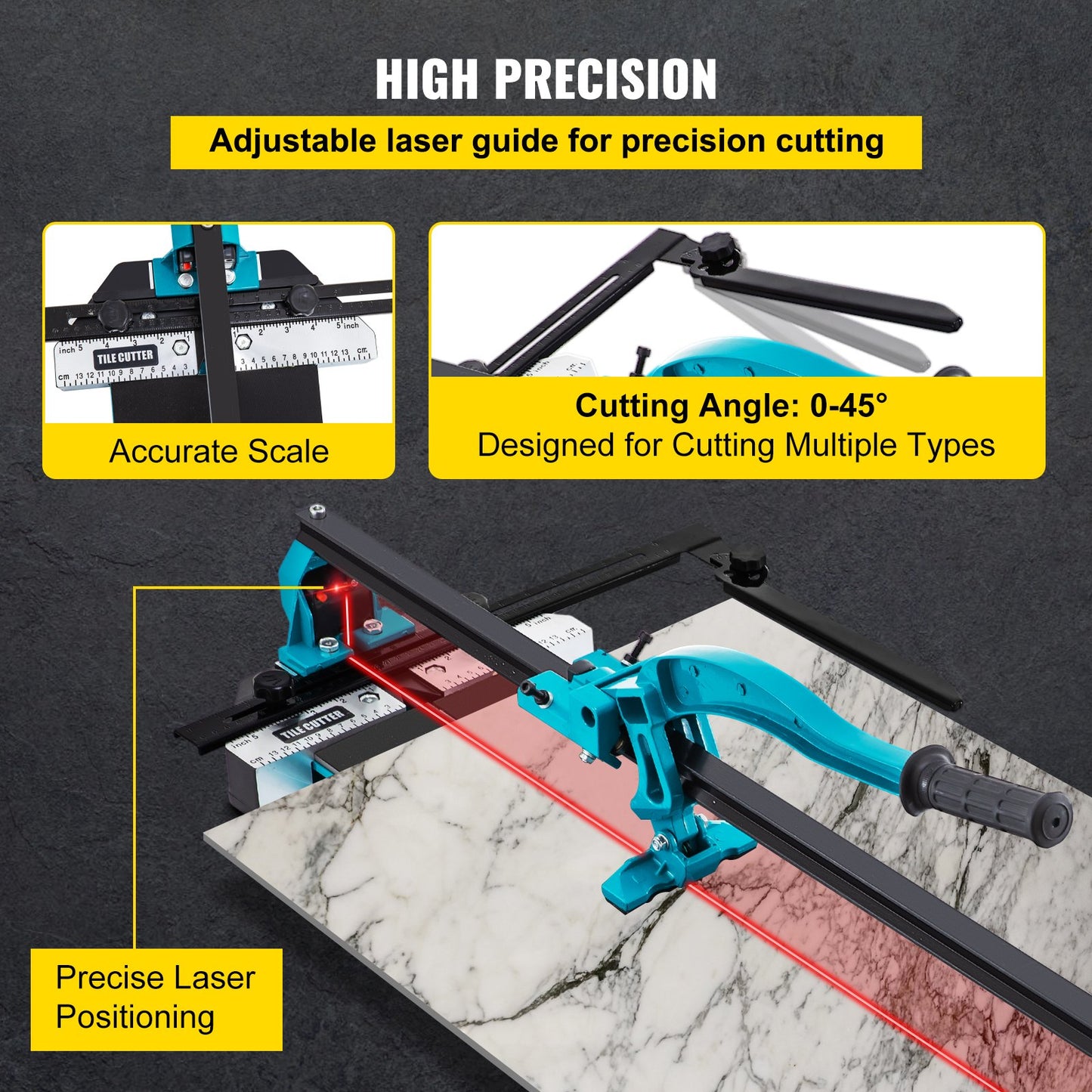 Manual Tile Cutter, 24 inch, Porcelain Ceramic Tile Cutter with Tungsten Carbide Cutting Wheel, Infrared Positioning, Anti-Skid Feet, Durable Rails for professional installers or beginners