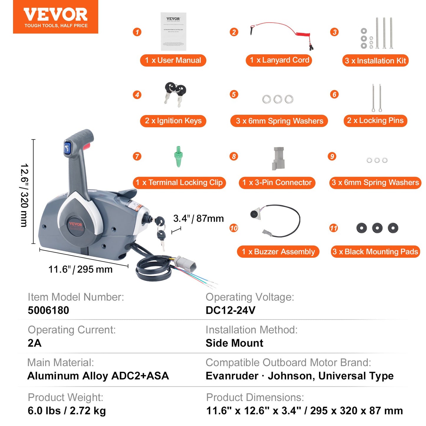 Boat Throttle Control, 5006180 Side-Mounted Outboard Remote Control Box for Evinrude Johnson, Marine Throttle Control Box with Power Trim Switch and Lanyard
