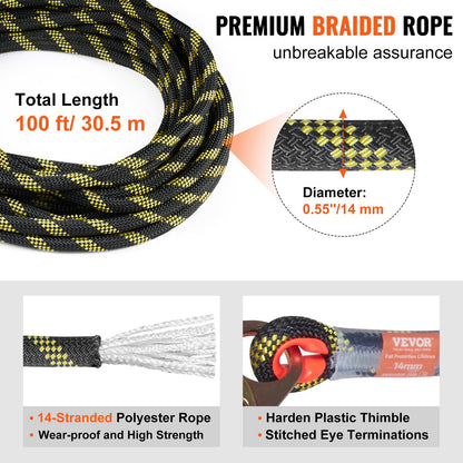 Vertical Lifeline Assembly, 0.55'' x 100' Fall Protection Rope with 30 KN Breaking Tension, Polyester Roofing Rope with Steel Snap Hooks, Rope Grab, and Shock Absorber, ANSI Compliant