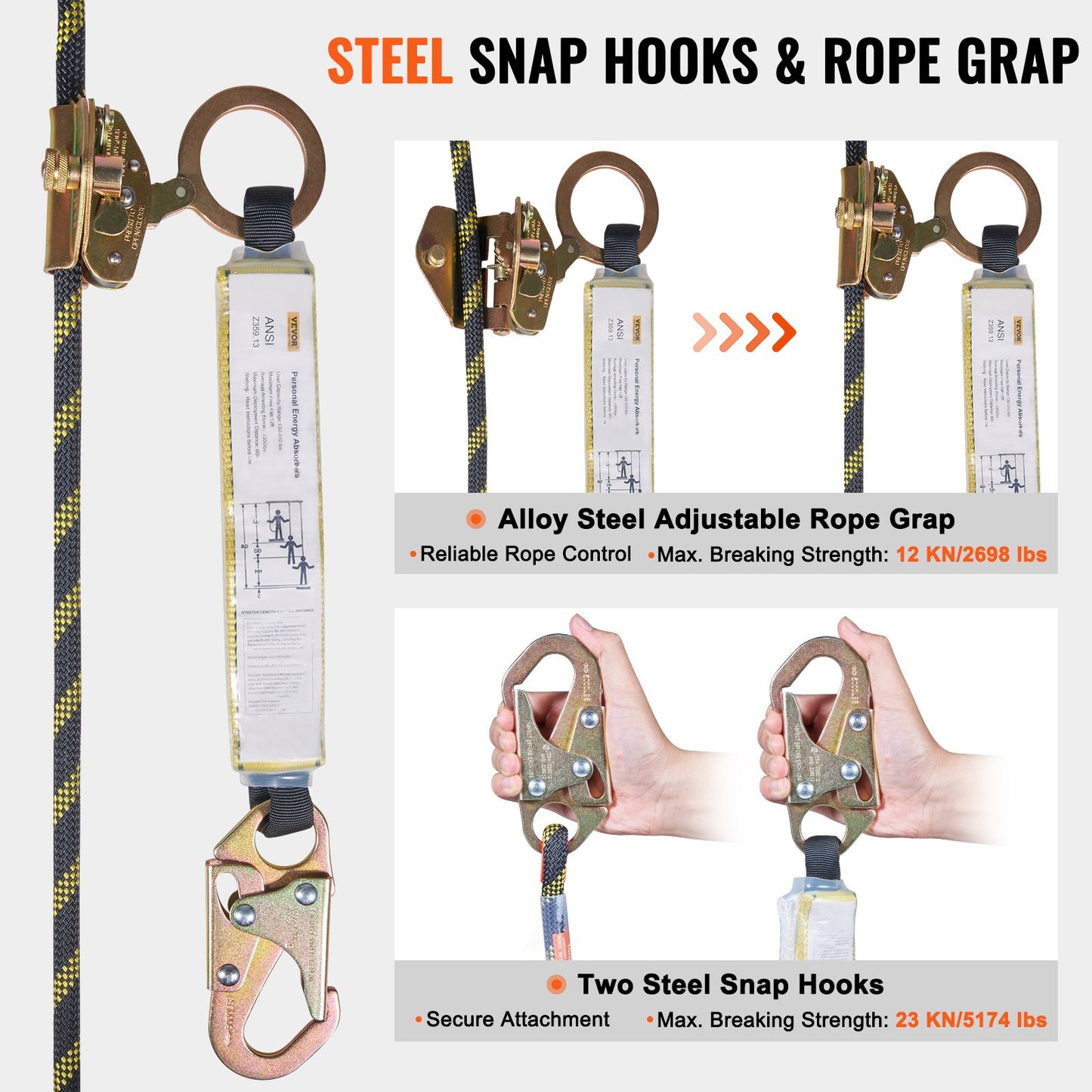 Vertical Lifeline Assembly, 0.55'' x 100' Fall Protection Rope with 30 KN Breaking Tension, Polyester Roofing Rope with Steel Snap Hooks, Rope Grab, and Shock Absorber, ANSI Compliant