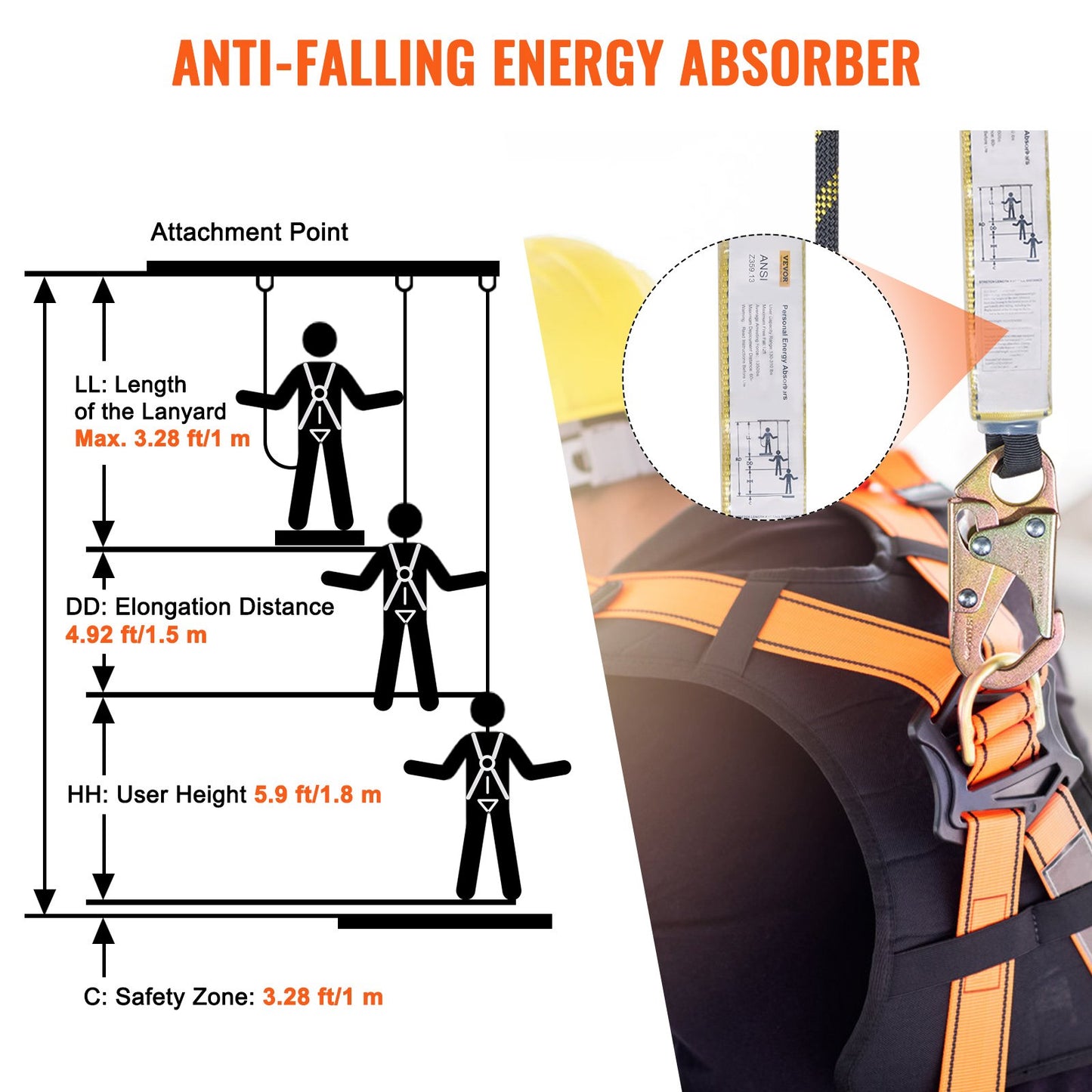 Vertical Lifeline Assembly, 0.55'' x 100' Fall Protection Rope with 30 KN Breaking Tension, Polyester Roofing Rope with Steel Snap Hooks, Rope Grab, and Shock Absorber, ANSI Compliant