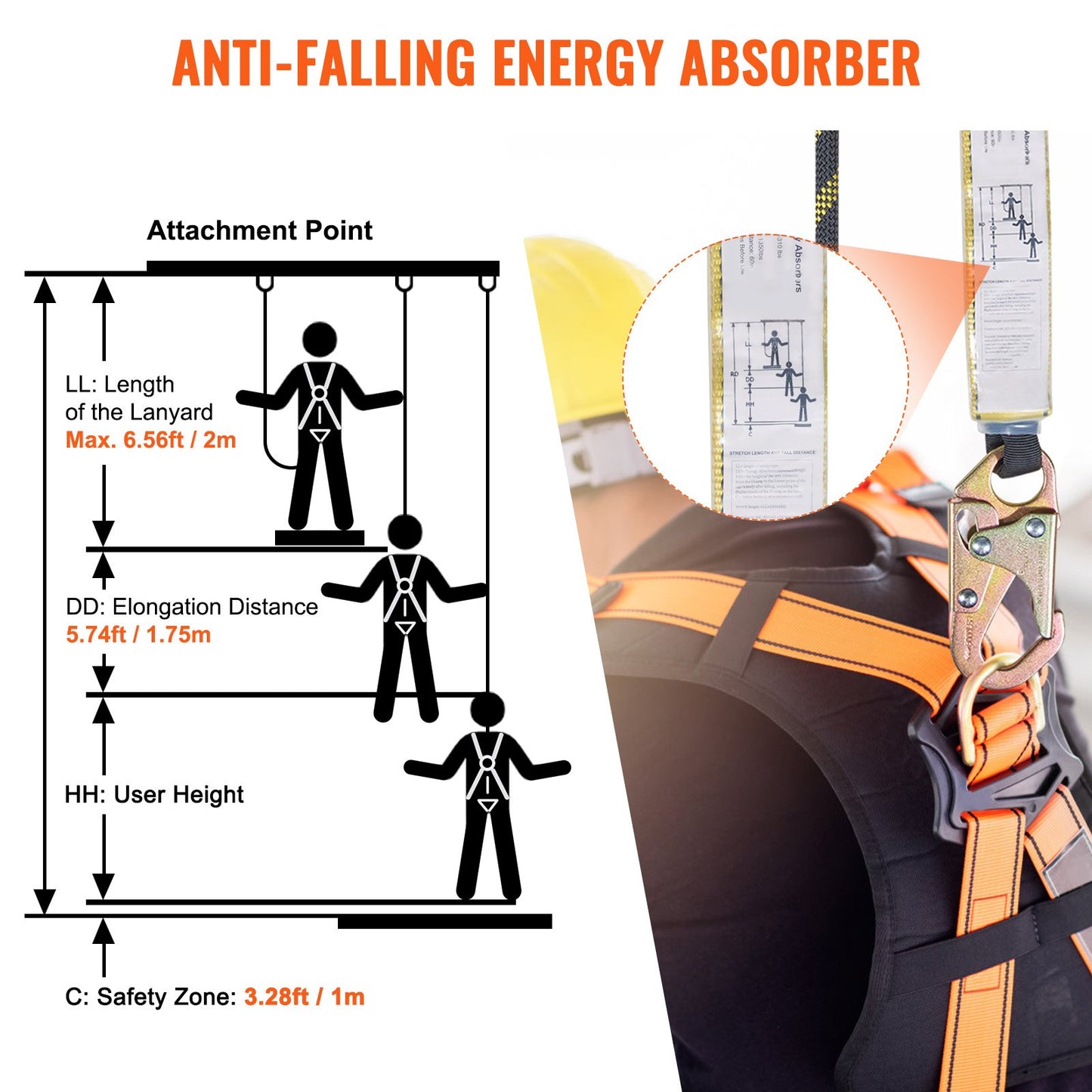 Vertical Lifeline, 150ft (45.7m) Outdoor Climbing Rope 30KN Breaking Tension, Static Rock Climbing Rope with Steel Snap Hooks and Rope Grap, for Escape, Outdoor Adventures, and Lumbering, Black & Yellow