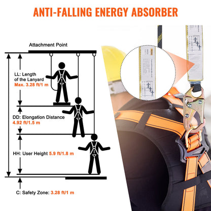 Vertical Lifeline Assembly, 0.55'' x 25' Fall Protection Rope with 30 KN Breaking Tension, Polyester Roofing Rope with Steel Snap Hooks, Rope Grab, and Shock Absorber, ANSI Compliant