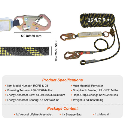 Vertical Lifeline Assembly, 0.55'' x 25' Fall Protection Rope with 30 KN Breaking Tension, Polyester Roofing Rope with Steel Snap Hooks, Rope Grab, and Shock Absorber, ANSI Compliant