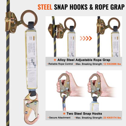 Vertical Lifeline Assembly, 0.55'' x 50' Fall Protection Rope with 30 KN Breaking Tension, Polyester Roofing Rope with Steel Snap Hooks, Rope Grab, and Shock Absorber, ANSI Compliant