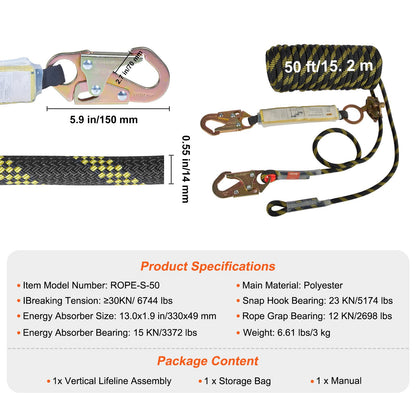Vertical Lifeline Assembly, 0.55'' x 50' Fall Protection Rope with 30 KN Breaking Tension, Polyester Roofing Rope with Steel Snap Hooks, Rope Grab, and Shock Absorber, ANSI Compliant