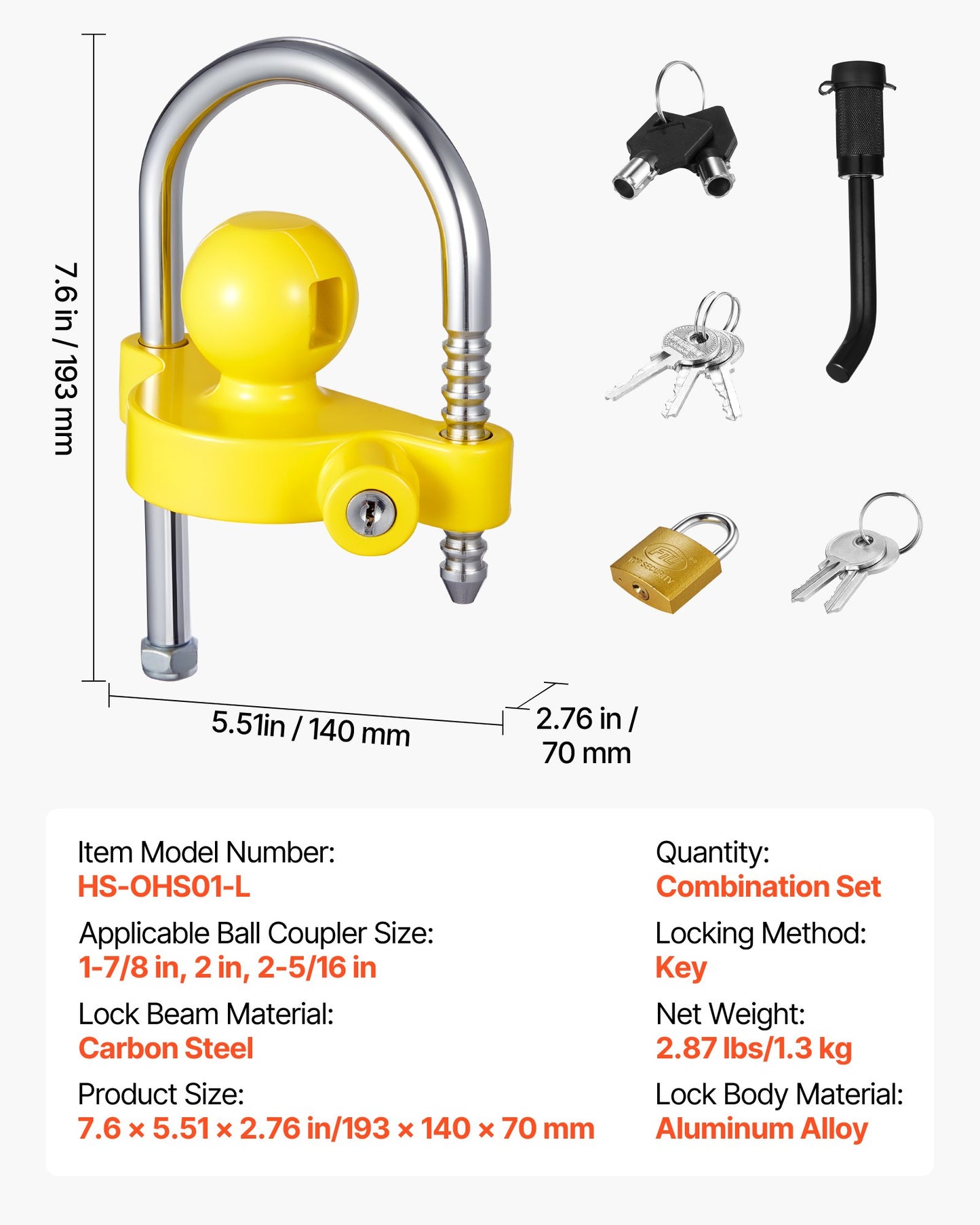 Trailer Hitch Lock Kit, Fits for 1-7/8 in, 2 in, 2-5/16 in Couplers, Heavy-Duty Anti-Theft Trailer Ball Lock with Keys, Prying-Resistant, Adjustable Height Design for RVs, Boats, Trailers