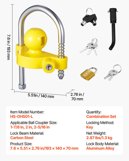 Trailer Hitch Lock Kit, Fits for 1-7/8 in, 2 in, 2-5/16 in Couplers, Heavy-Duty Anti-Theft Trailer Ball Lock with Keys, Prying-Resistant, Adjustable Height Design for RVs, Boats, Trailers