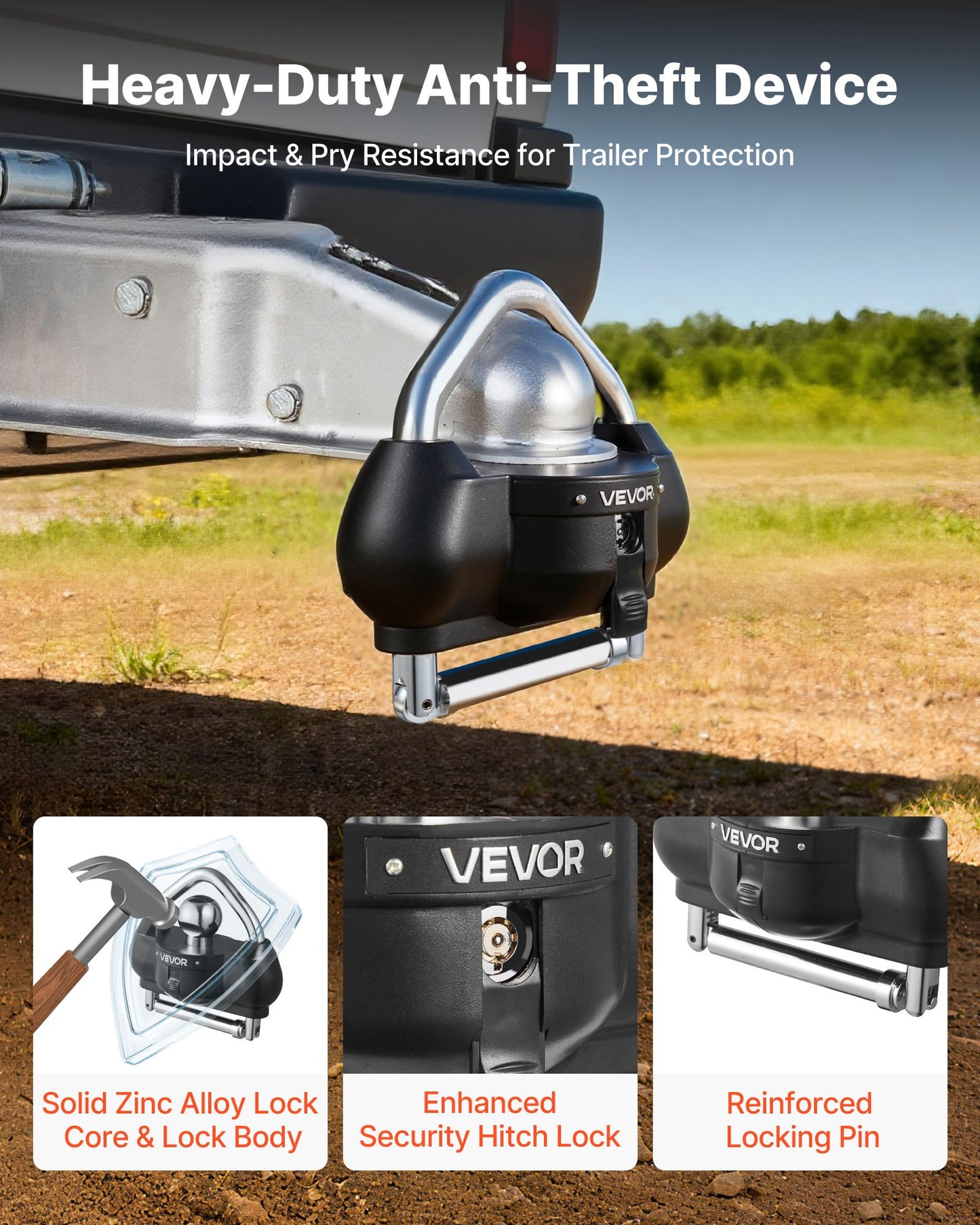 Trailer Hitch Lock, Fits for 1-7/8 in, 2 in, 2-5/16 in Couplers, Heavy-Duty Anti-Theft Trailer Ball Lock with 3 Keys, Prying-Resistant, Adjustable Height Design for RVs, Boats, Trailers, Black