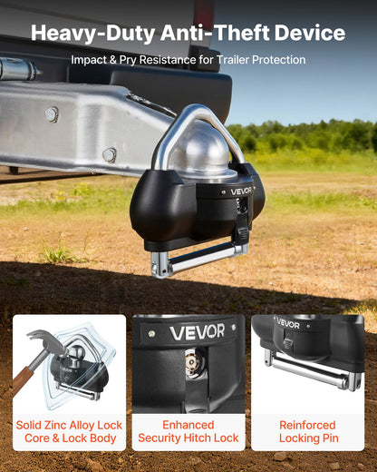 Trailer Hitch Lock, Fits for 1-7/8 in, 2 in, 2-5/16 in Couplers, Heavy-Duty Anti-Theft Trailer Ball Lock with 3 Keys, Prying-Resistant, Adjustable Height Design for RVs, Boats, Trailers, Black